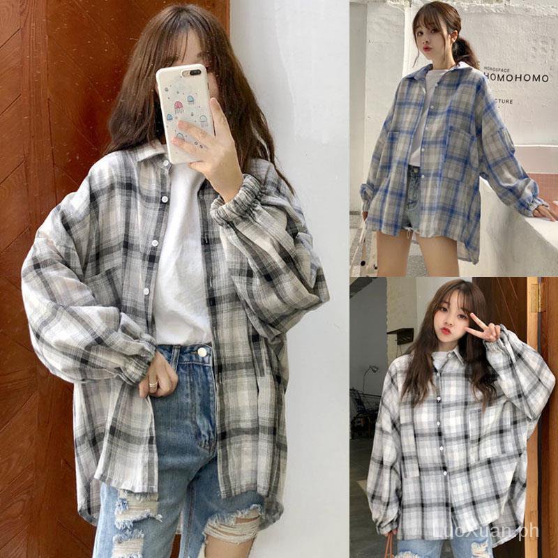 Women Long Sleeve Shirts Thin Casual Fashion Loose Shirt Tops Womens blouse  Plaid Korean-Style Slimming