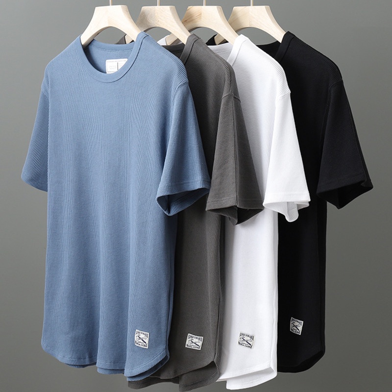Waffle Short Sleeve Tshirt Men's Summer Trendy Round Neck Fashion