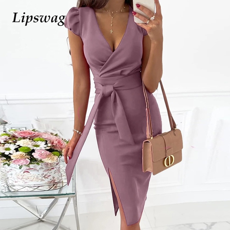 Sexy Deep V Neck Slim Fit Bodycon Dress Women Elegant Butterfly Sleeve ...