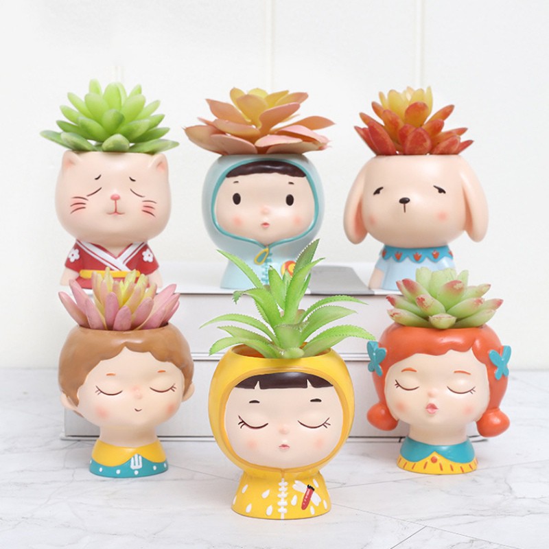 Enamel Flowerpot Cute Cartoon Girl Succulent Plant Flowerpot Desk 