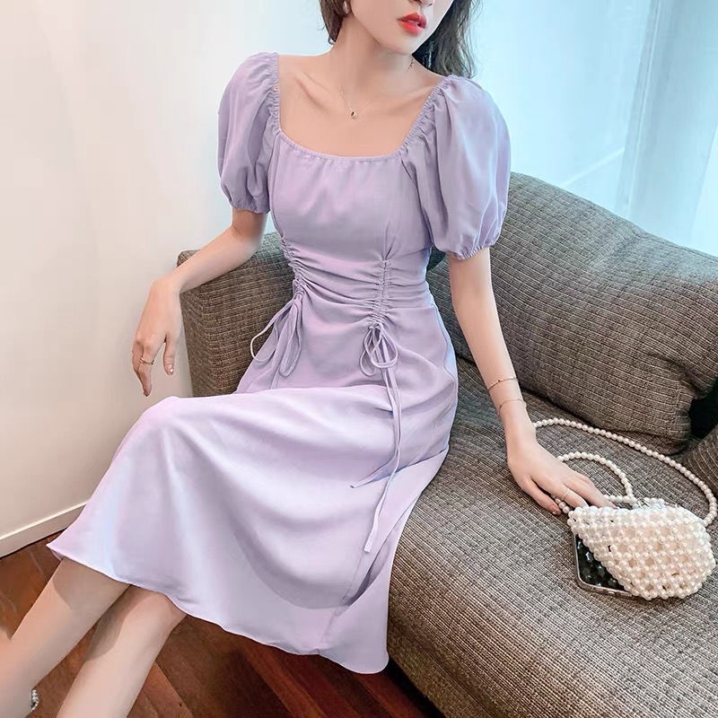 Purple Puff Sleeve Dress Narrow Waisted Long Skirt Textured Slimmer Look Shopee Philippines