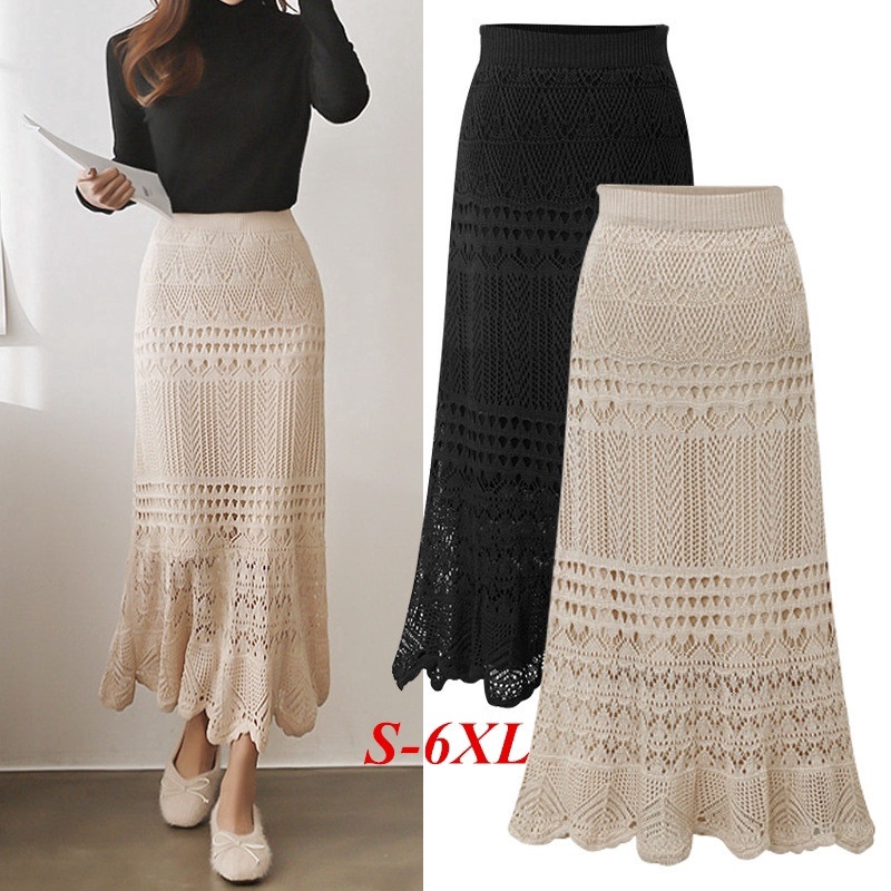 Plus Size S 6XL Women Knitted Long Maxi Skirt Spring Summer Autumn Fashion Casual Elegant Knit Lace High Waist Fishtail Bohemia Boho Beach Holiday Skirts Black Beige Shopee Philippines