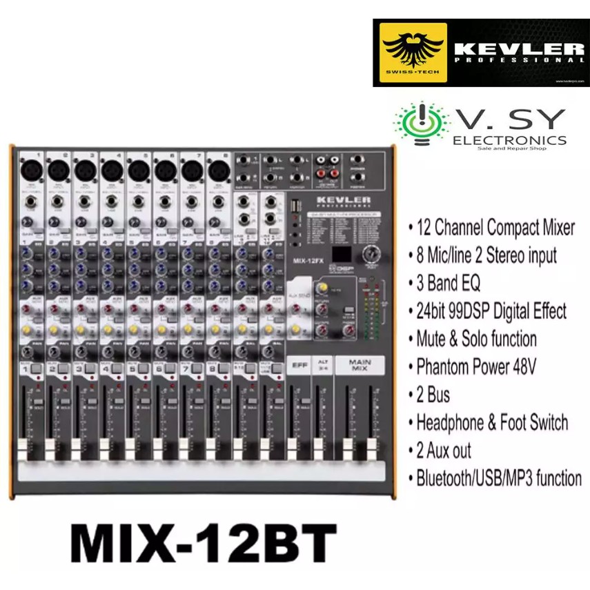 2023 Kevler MIX12BT Professional Mixer with 12 Channel 24 Bit 99 DSP