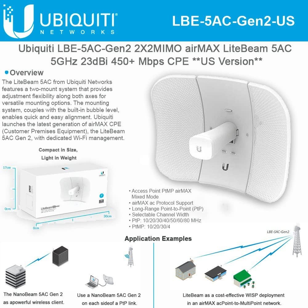 Ubiquiti litebeam gen2 wifi da esterno: antenna lbe 5ac gen2 per  connessione wireless ac 5ghz a distanza - ubnt-lbe-5ac-gen2 