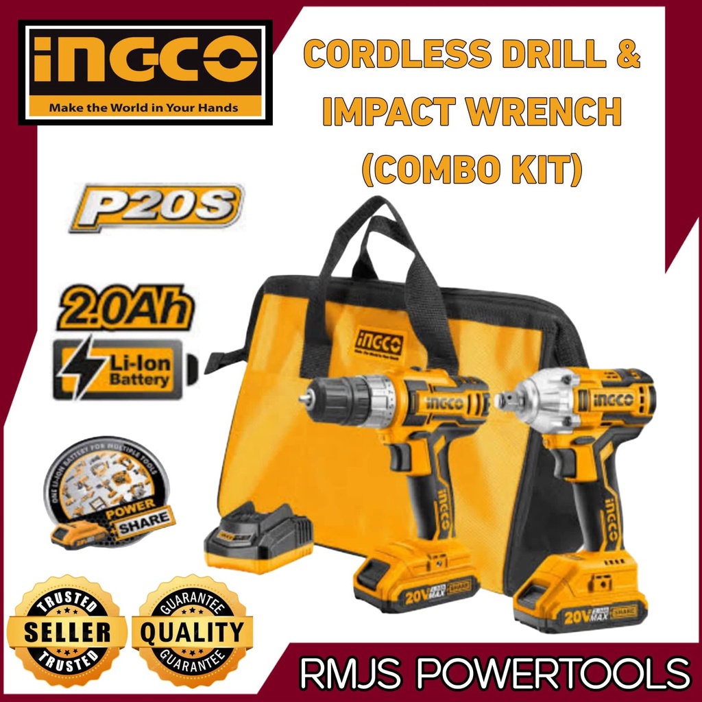INGCO LithiumIon Cordless Combo Kit Drill & Impact Wrench P20S CKLI2007 w/ FREE TOOLSET
