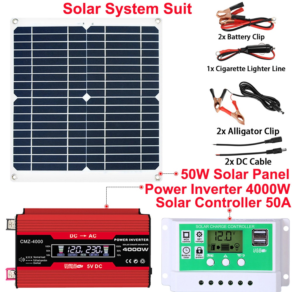 HAOSONG Solar Power Generation System Dual USB 50W Solar Panel+4000W