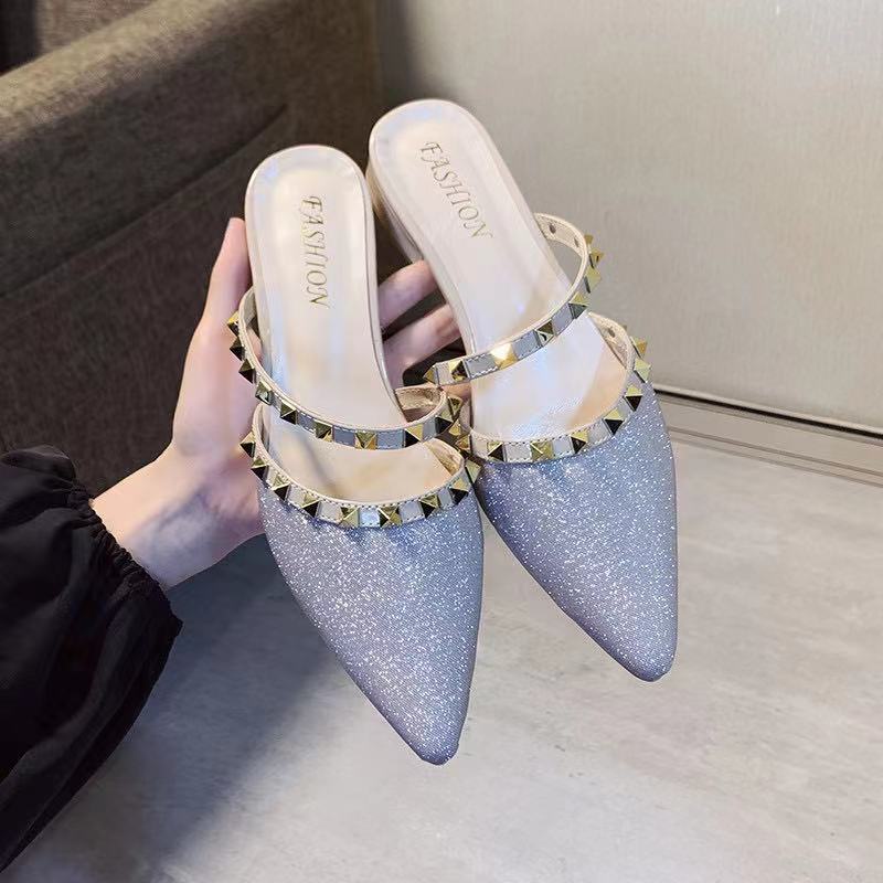 Flat half drag women's shoes 2022 new mule shoes rivet pointed sandals |  Shopee Philippines