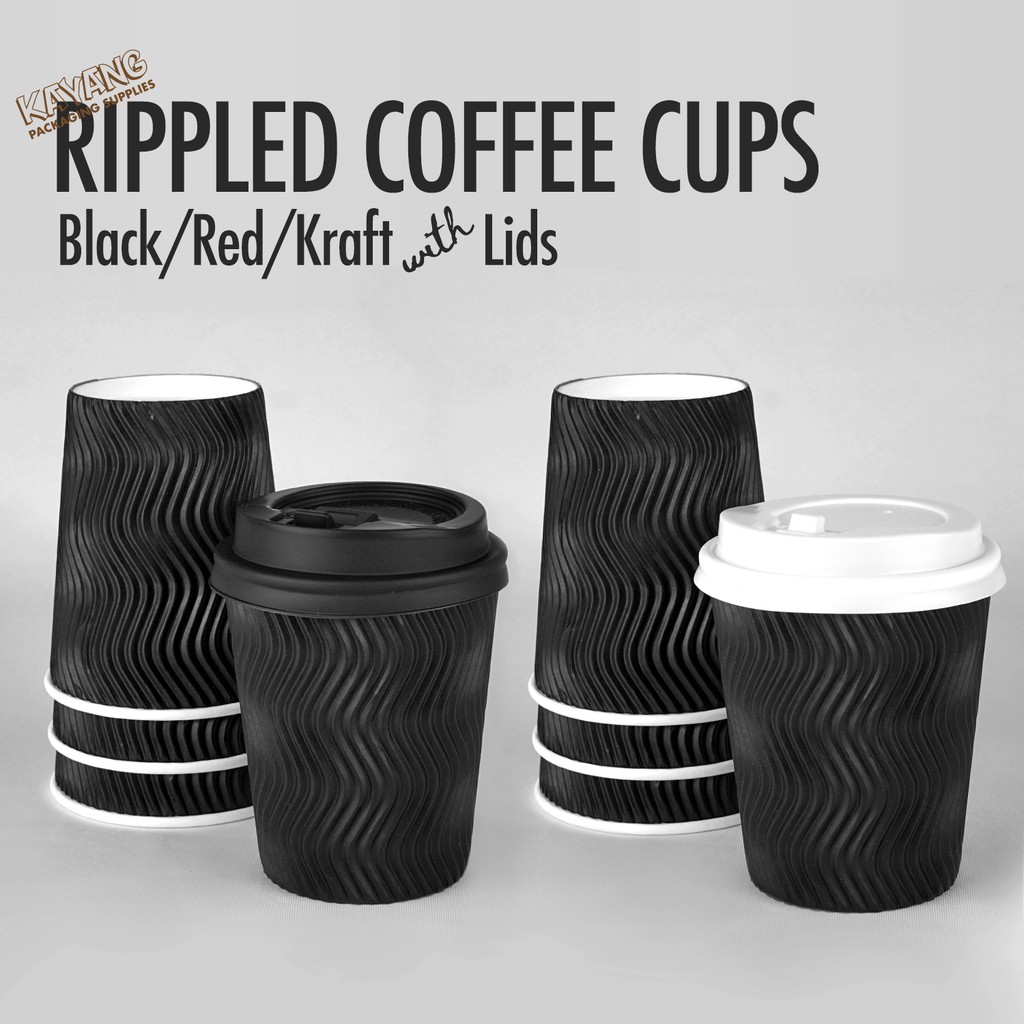 [25pcs] Rippled Coffee Paper Cup 8oz / 12oz (Kraft / Black / Red) with ...