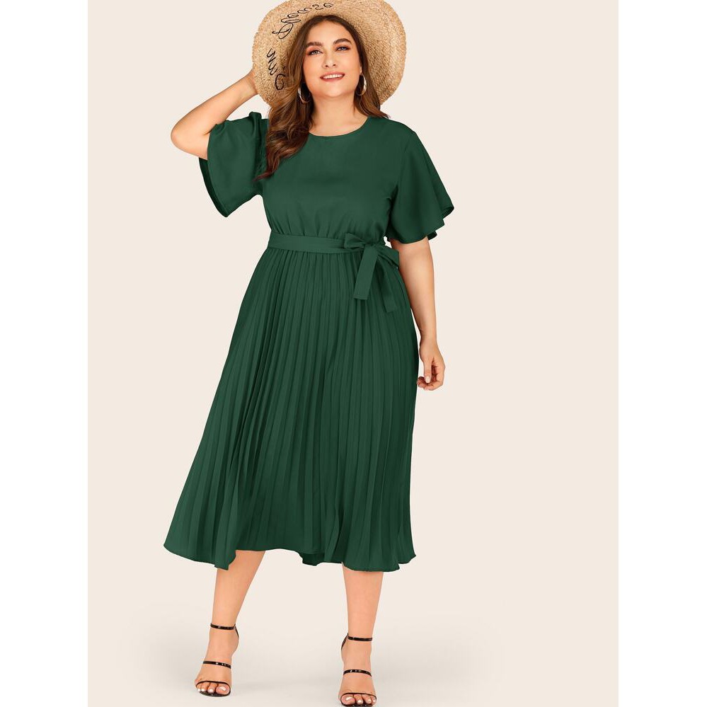 Y439 PLUS CHIC Self Belt Pleated Plus Size Dress | Shopee Philippines