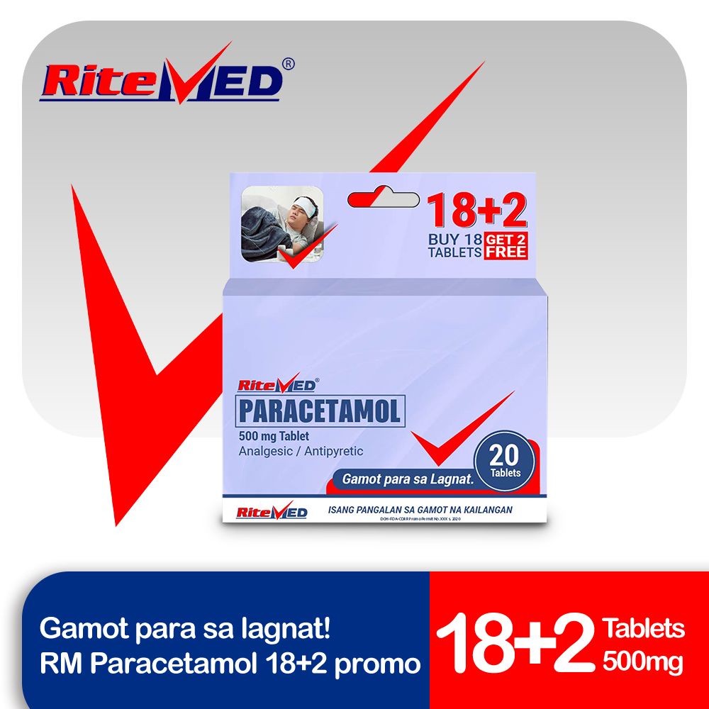 RiteMED Paracetamol Analgesic Antipyretic 18+2 500mg 1 Set 20 Tabs