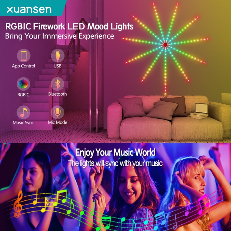 Firework Lights LED Strip Music Sound Sync Color Changing Remote ...