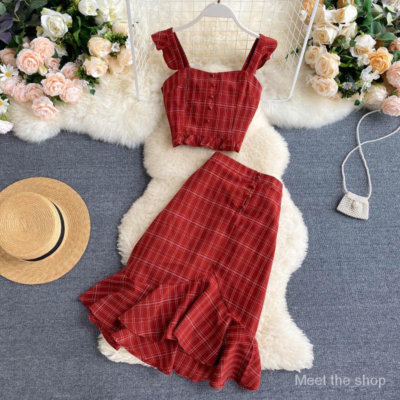 Pretty Comy Retro Plaid Cropped Top Short Skirt Two Piece Suit