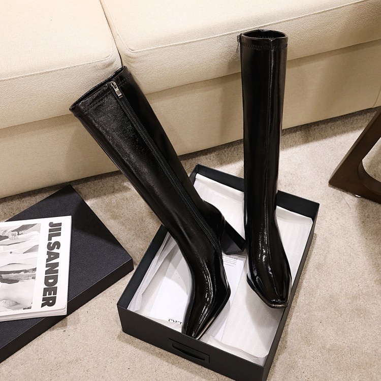 Size 34-48 Patent Leather Large Boots Women Square Toe Thick Heel ...