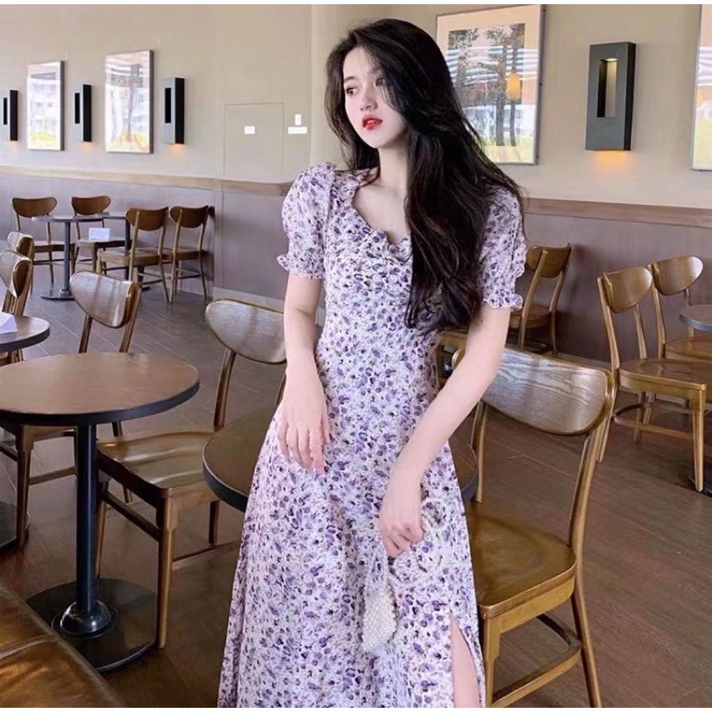 Korean fashion model slim-fitting mini open shoulder floral dress soft ...