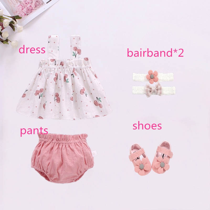 4 Pcs/ Set Baby Dress + Pants + Hairbands + Shoes Kids Girls Clothes