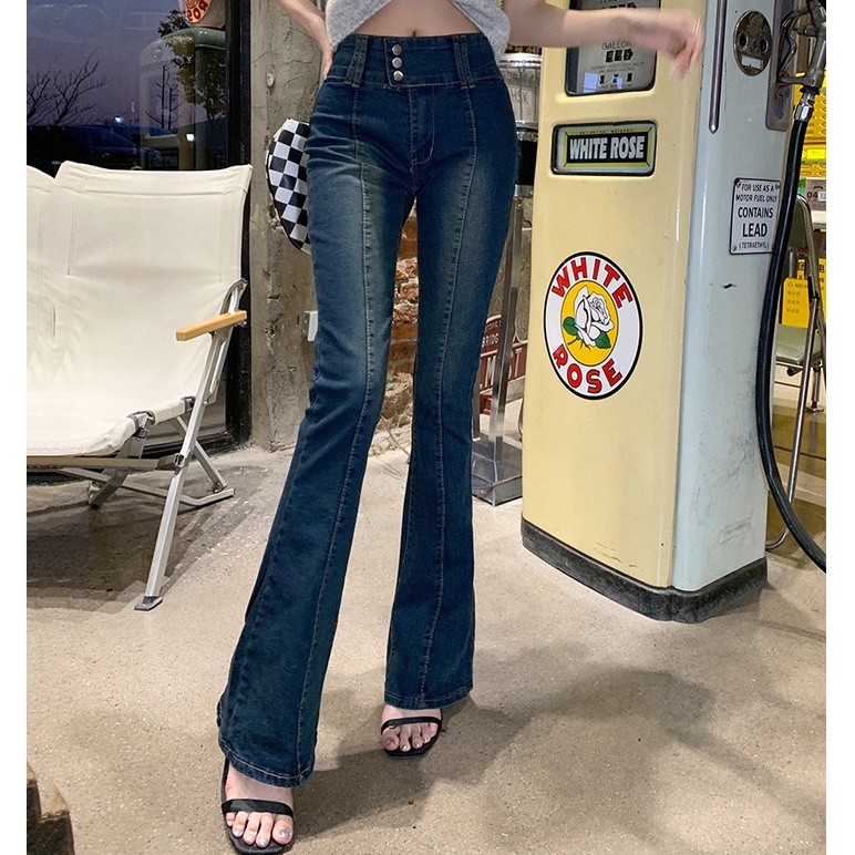 Womens Retro Denim Highwaist 3-Buttons Flare Style Jeans Pants for ...