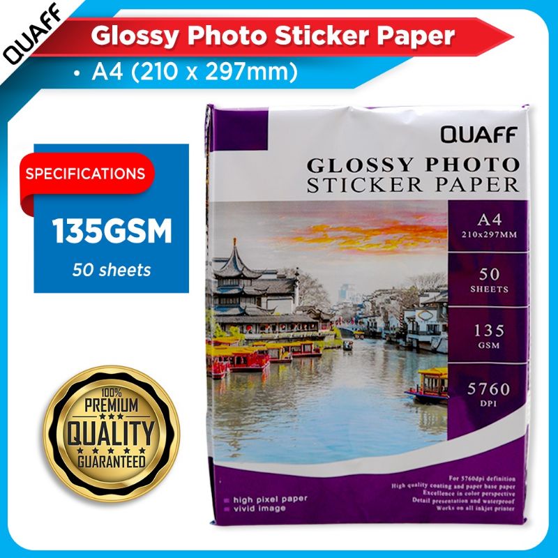 QUAFF GLOSSY PHOTO STICKER PAPER 90GSN/135GSM 50SHEETS PER PACK A4 SIZE