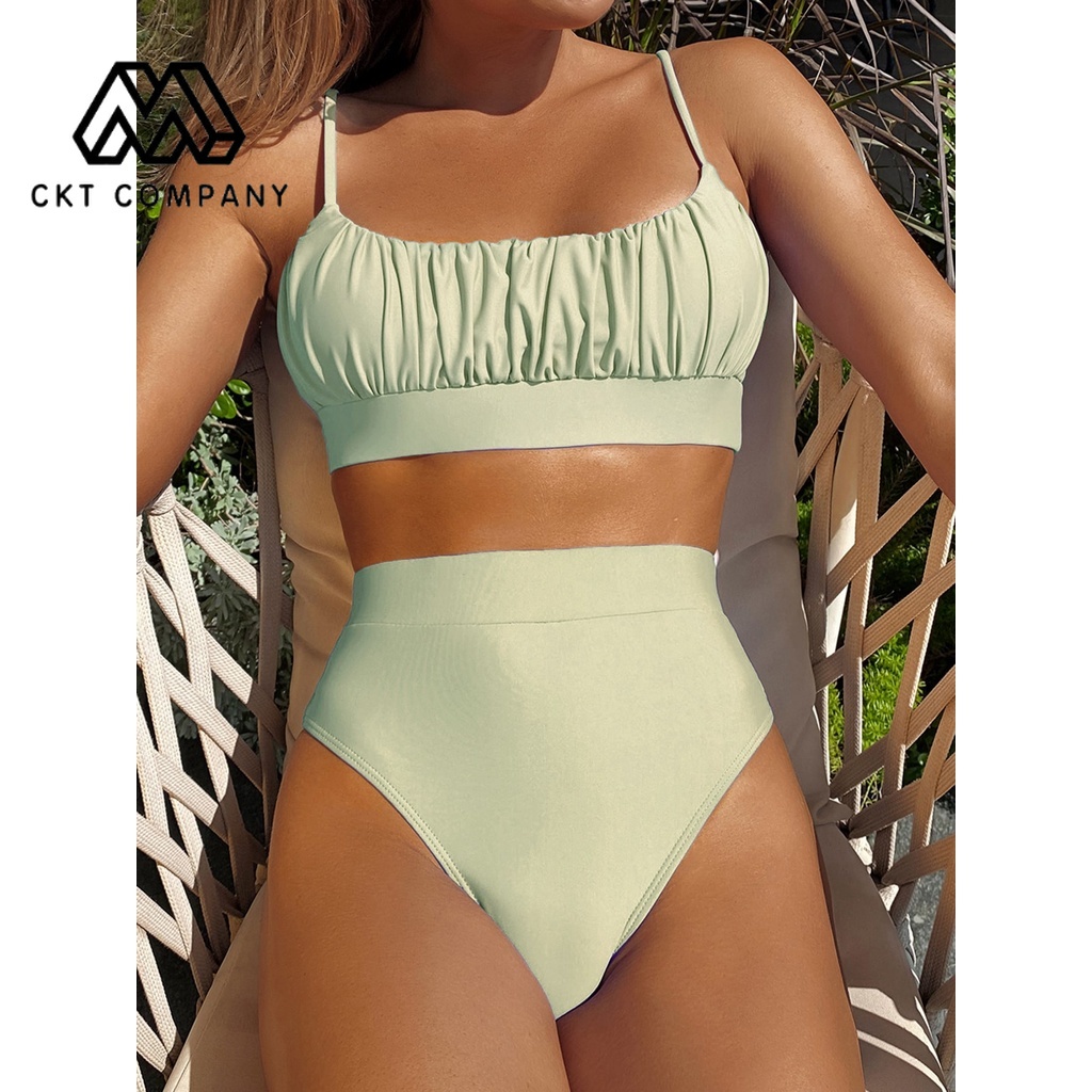 Women Sexy Solid Crop Top High Waisted Bikini Swimsuit