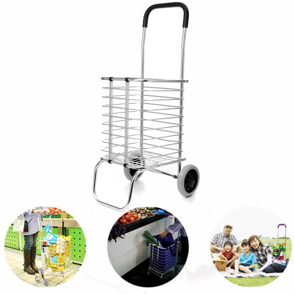 Shopping Cart Grocery Rolling Folding Laundry Basket on Wheels Foldable  Utility Trolley