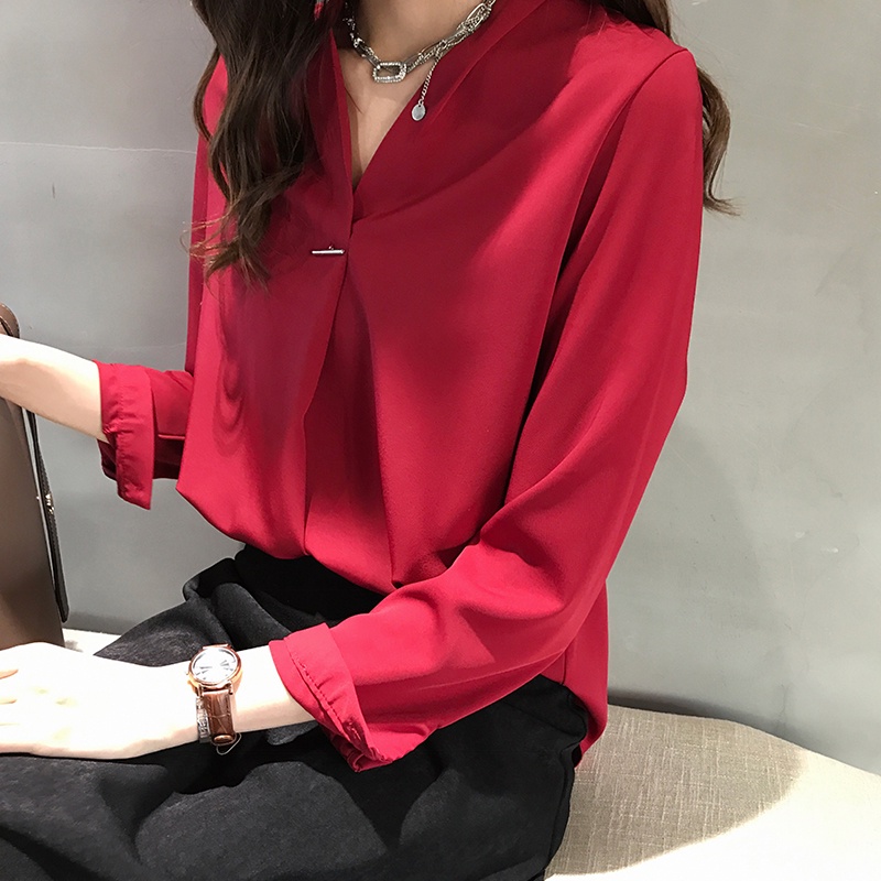 Korean style loose Women white blue red green Shirt Casual Long Sleeve ...