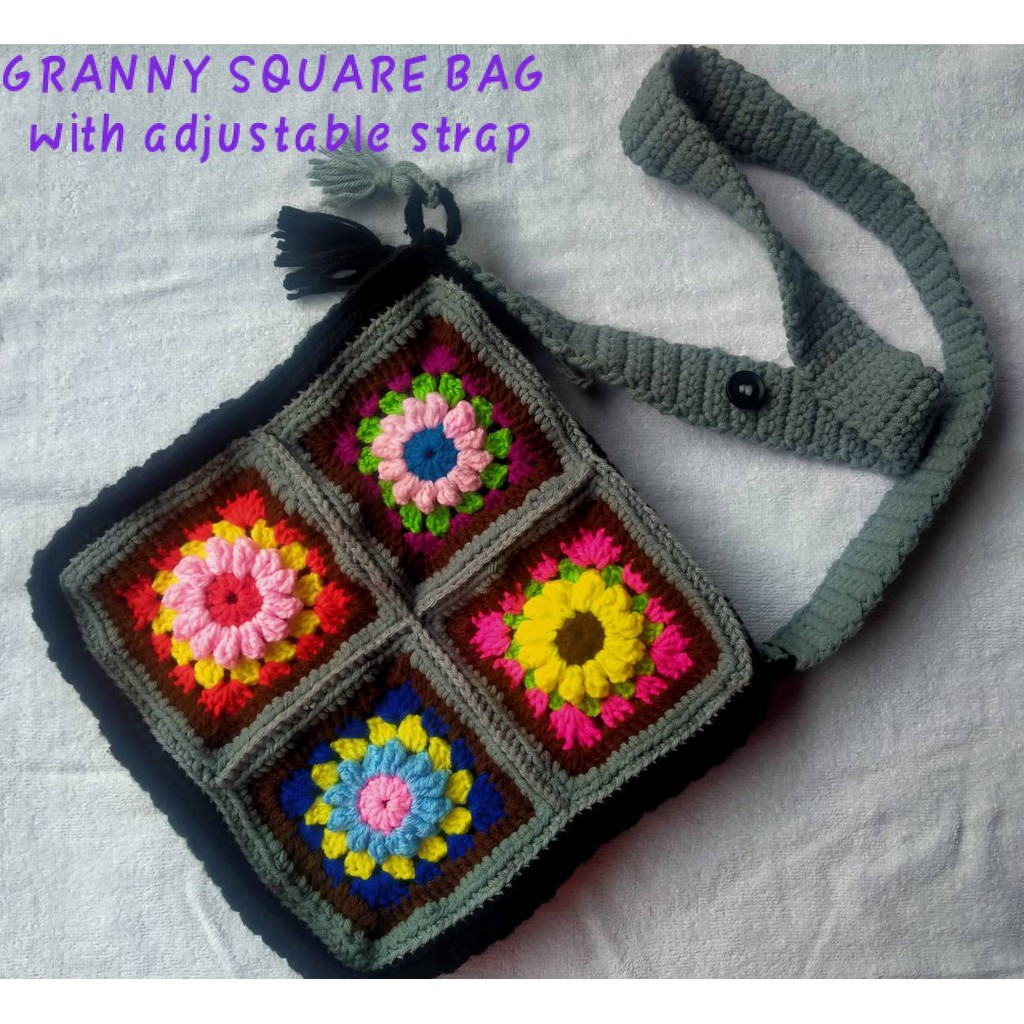 FLORAL CROCHET GRANNY SQUARE BAG (SHOULDER/SLING BAG/BODY BAG) with  Adjustable Strap