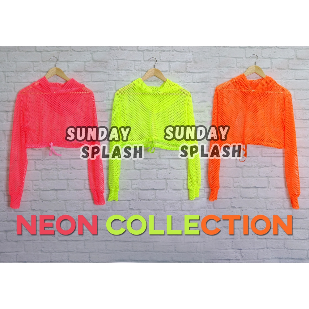 [3 Colors] Mesh Shirt Neon Theme Clothing. Crop Top Long Sleeve Hooded