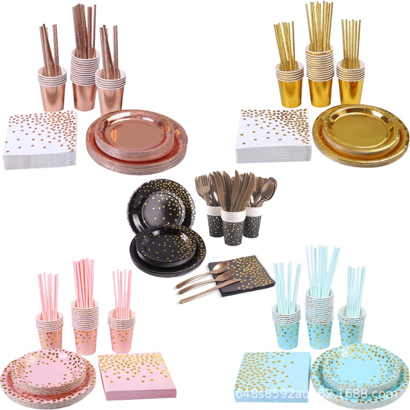 Bronzing Rose Gold Pink Paper Plates Cups wedding Happy Birthday