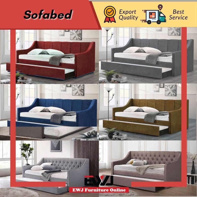 READY STOCK️EWJ Daybed With Pullout Daybed Trundle Fabric Sofa