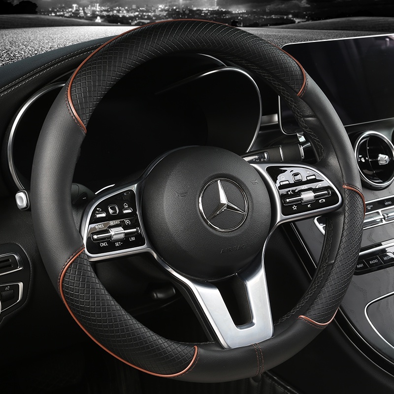 36cm Leather + Carbon Fiber Colorblock Car Steering Wheel Cover Size S ...