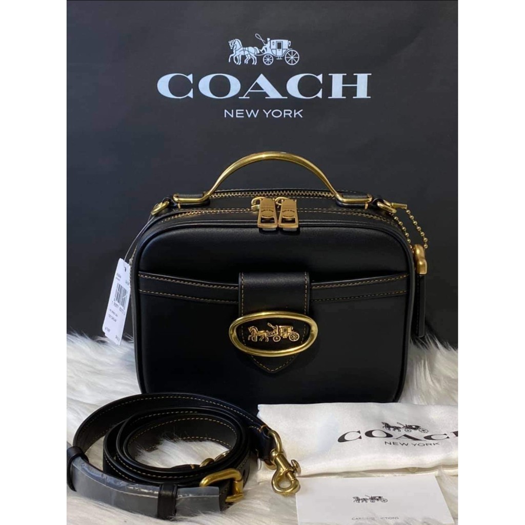 C.O.A.C.H 93846 Riley Lunchbox Bag in Black Glovetanned Leather Two Zip with Detachable Crossbody