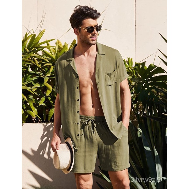 Men Outfit Set 2022 Summer New Men's Linen Short Sleeve Shirt Suit ...