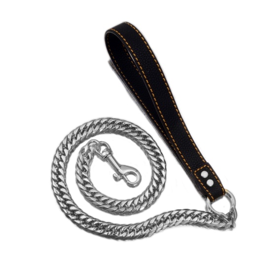 Stainless Steel Pet Gold Chain Dog Leashes Leather Handle Portable