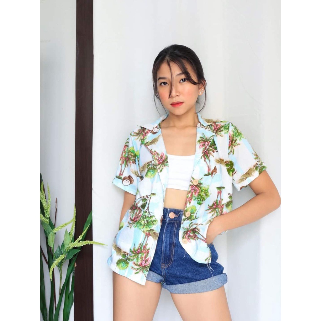 Printed Polo Shirt Korean Floral Shirt Women Hawaiian Shirt Blouse Beach  Shirt | Shopee Philippines