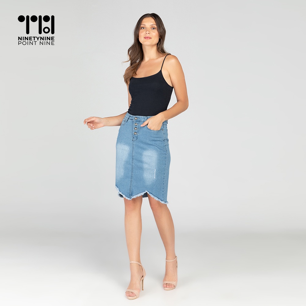 Frayed hem outlet denim midi skirt