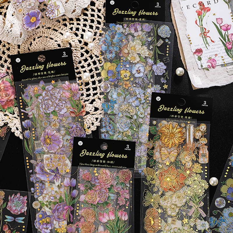 3 Sheets Dazzling Flowers Series Stickers Waterproof Bronzing PET ...
