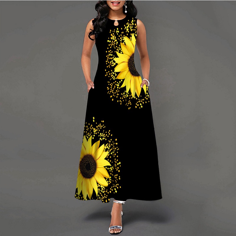 Summer Casual Sleeveless Print Floral Maxi Dress A LINE Boho Pocket Vintage Plus Size Sunflower Flowers Dress Shopee Philippines