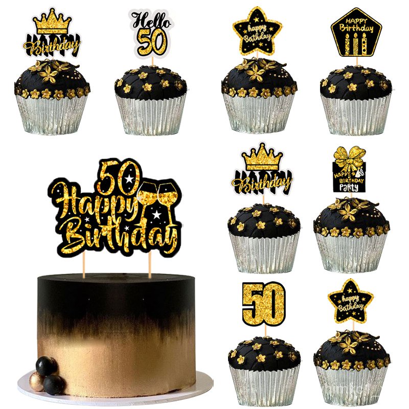 1Set Black Gold Cake Topper Happy Birthday Party Decoration Adult ...