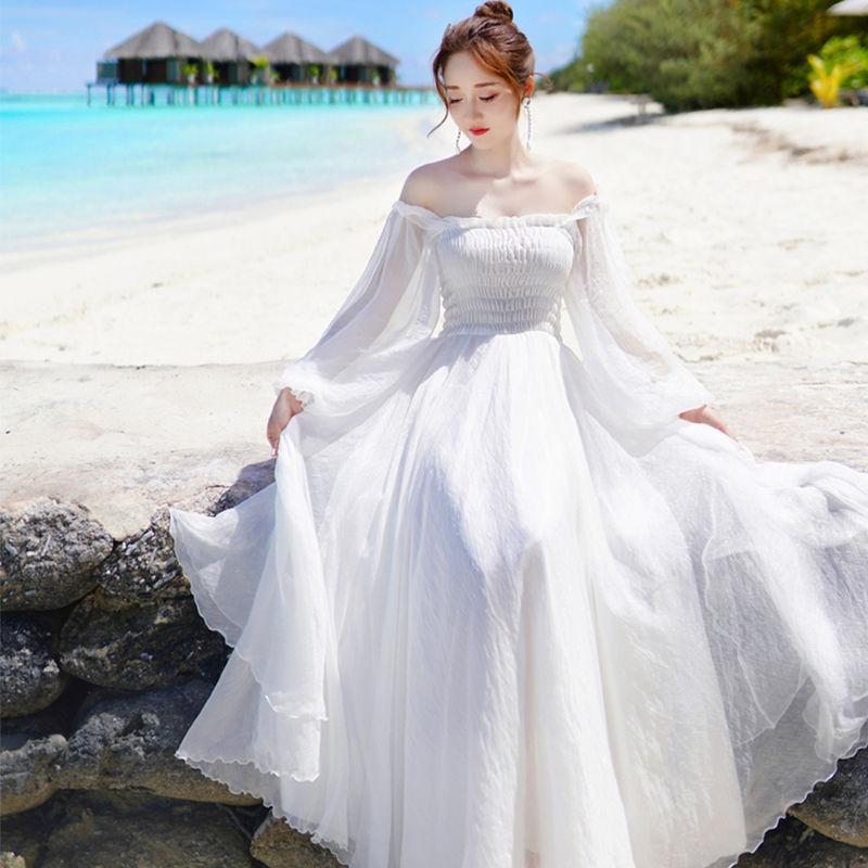 Cloud Girl Korean white Dress birthday elegant banquet Chiffon Seaside Beach women french light civil wedding dress Shopee Philippines