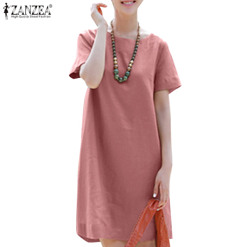ZANZEA Women Casual Cotton Short Sleeve Plain Beach Mini Shift Dress ...