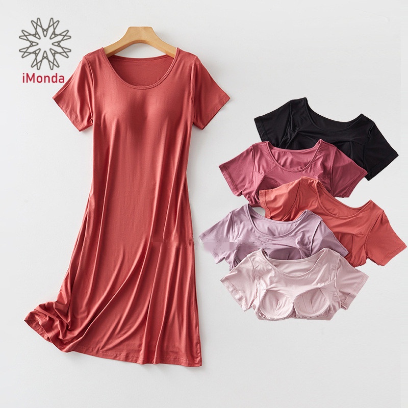 korea summer Soft Pajamas with chest pads women thin pure color nightdress long overknee