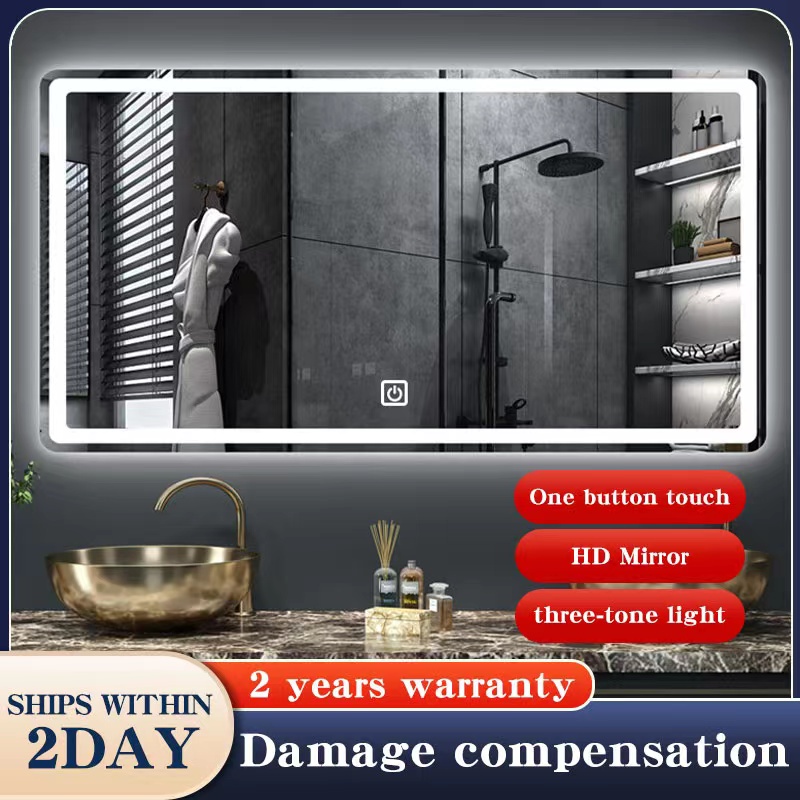 LED Bathroom Mirror Tricolor Stepless Dimming Light Button Touch Witch ...