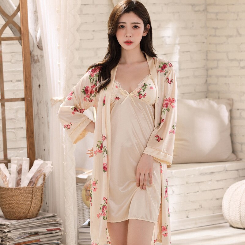 Robe Sleeping Wear Women Ice Silk Sexy Sleepwear Women Nightdress Night robe Pajama Set Plus Size Lingerie Sets