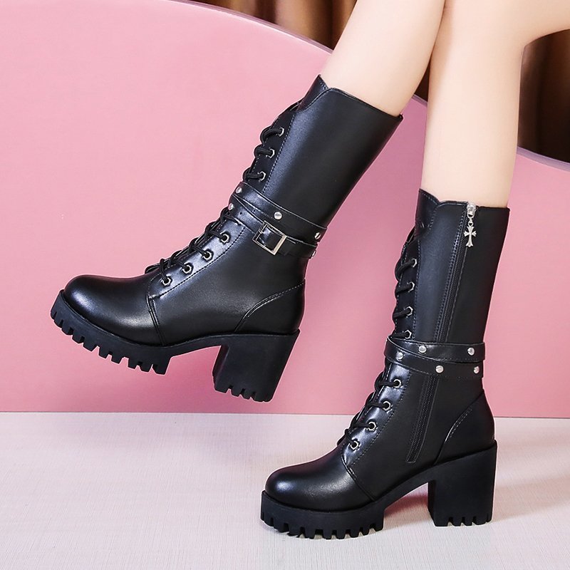 35 41 Women s Fashion Mid calf Boots Cool Black High heeled Motorcycle Boots with Zipper