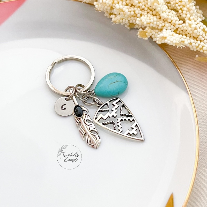 Boho Keychain • Feather Keychain • Turquoise Keychain • Initial ...