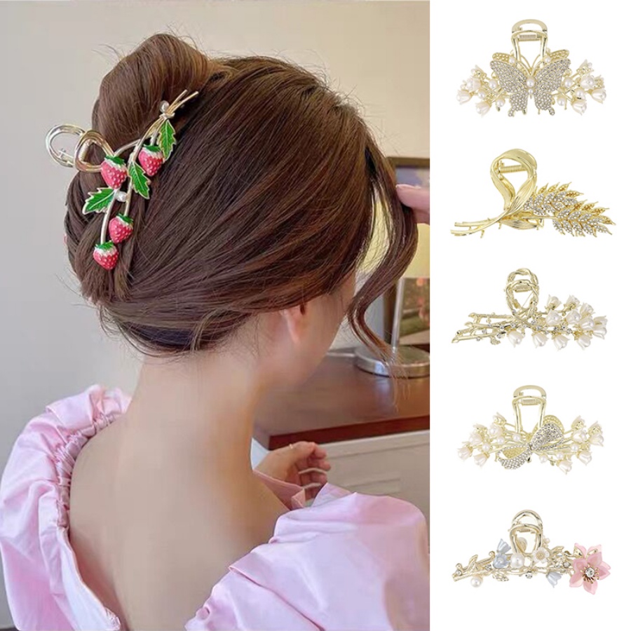 Korean Metal Pearl Rhinestone Hair Clip Woman Elegant Crystal Flower