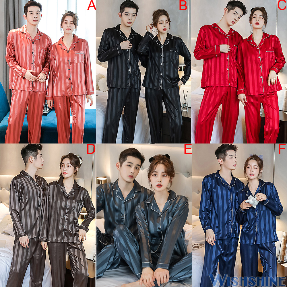 Plus Size Men Women Sleepwear Unisex Couple Silk Satin Pyjamas Set Long Sleeve Pajamas Male