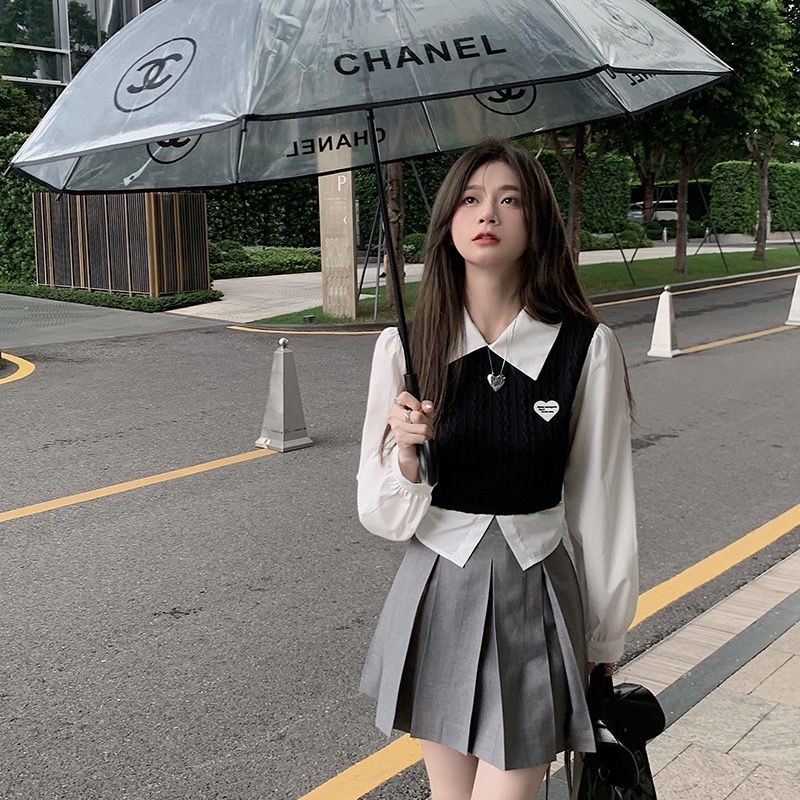 Shirt Skirt Korean college style two piece knitted splicing Shirt Short Top Pleated Skirt Set Shopee Philippines