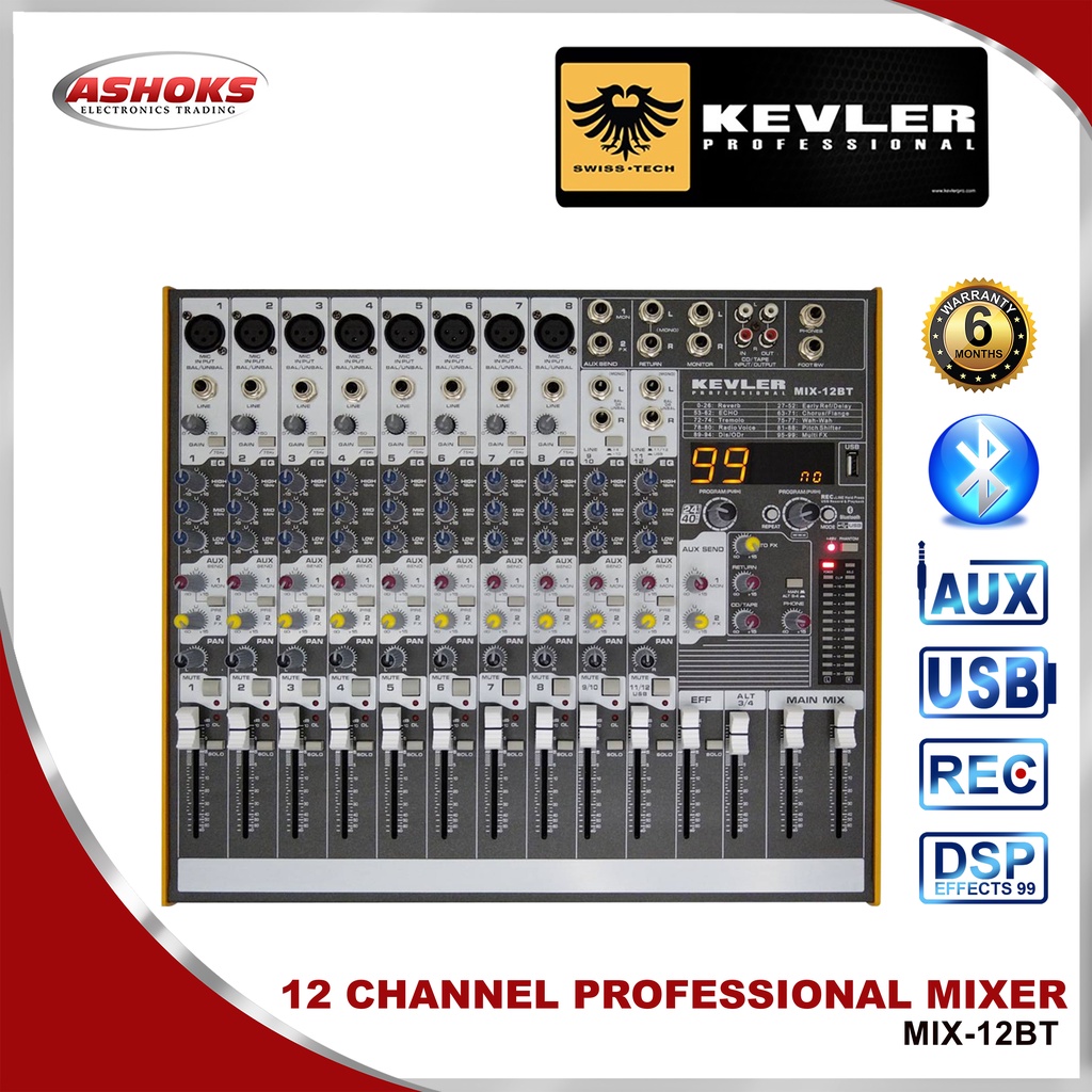 Kevler MIX12BT Professional Mixer / 8 Channel Input 4 Mic / Line 2 Aux