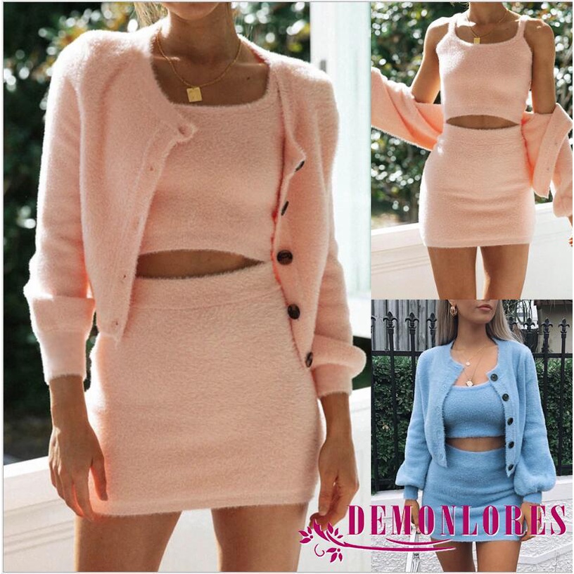 DEMQWomen´s Solid Color Suit Crop Top Button Jacket and Short Skirt 3 Piece Set Shopee
