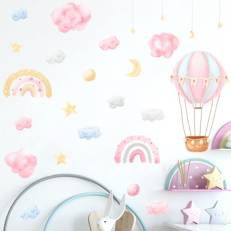 PINK Rainbow Clouds Hot Air Balloon Children's Bedroom Wall ...